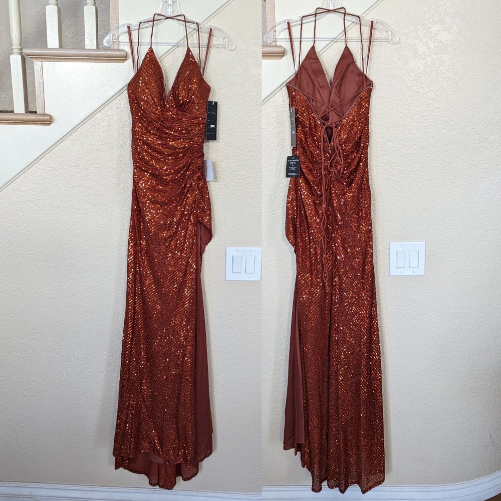 Elegant Sequin Evening Gown In Rust - image 2